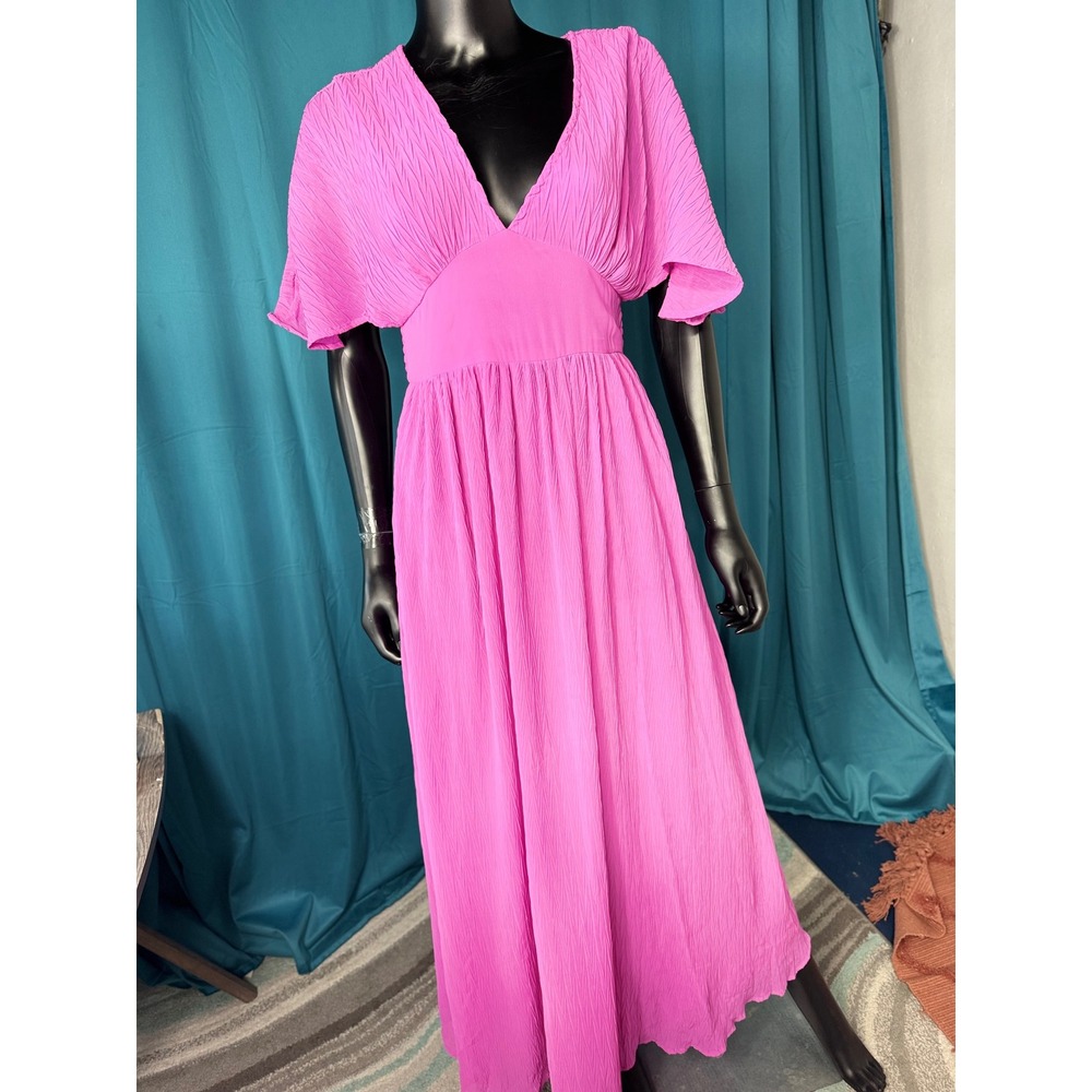 Japna Pink Crinkle Flutter Sleeve Maxi Dress V-Neck Flowy Bohemian Summer - Picture 5 of 10
